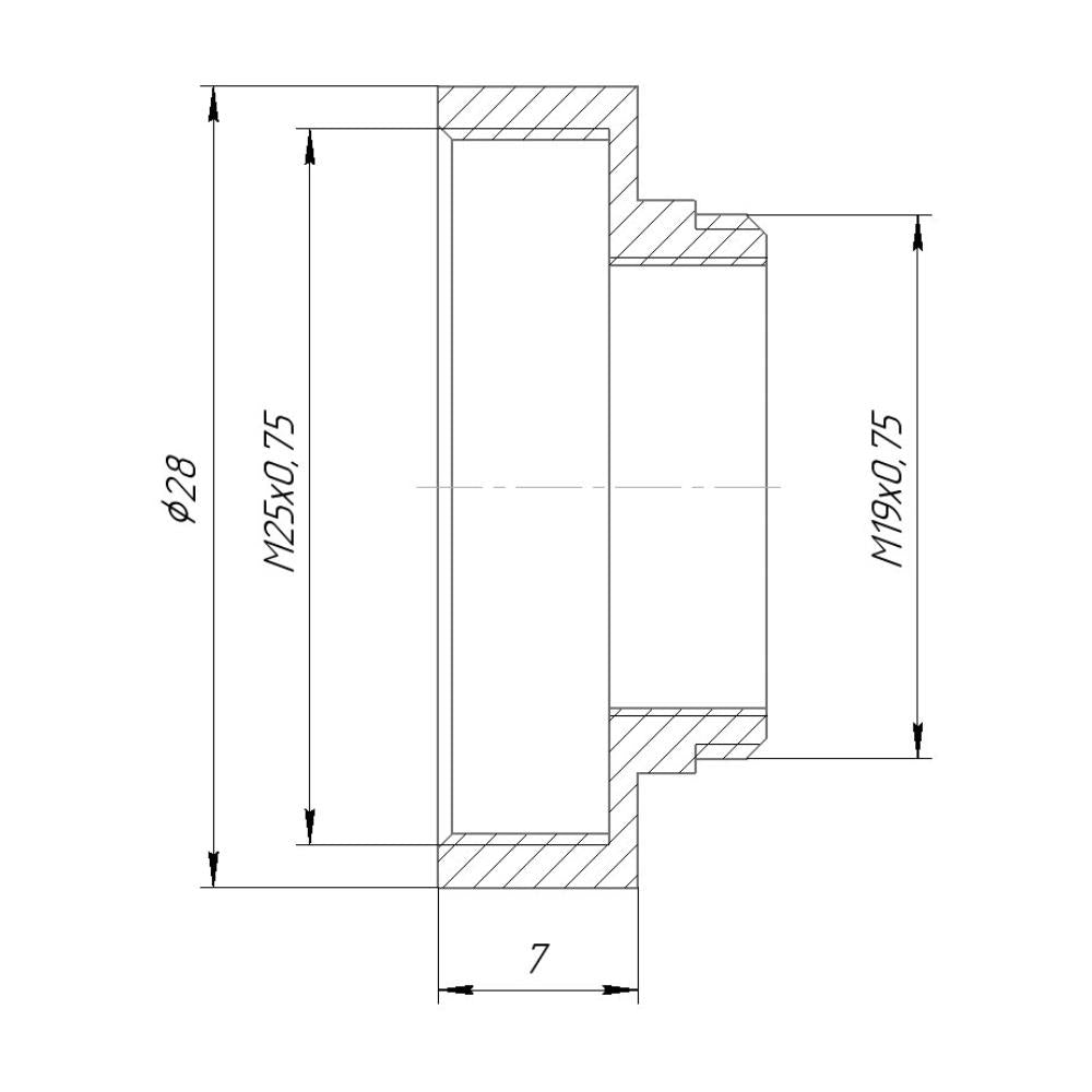 M19x0.75 male to M25x0.75 female thread adapter, black