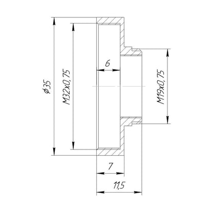 M19x0.75 male to M32x0.75 female thread adapter, bronze