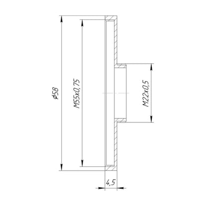 M22x0.5 male to M55x0.75 female thread (22mm to 55mm step-up ring)