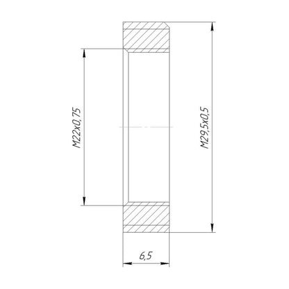 M22x0.75 female to M29.5x0.5 male thread adapter, flangeless