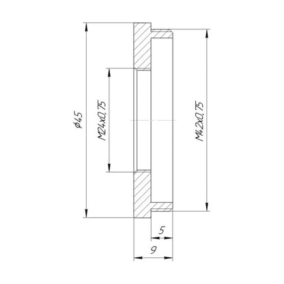 M24x0.75 female to M42x0.75 (T2) male thread adapter