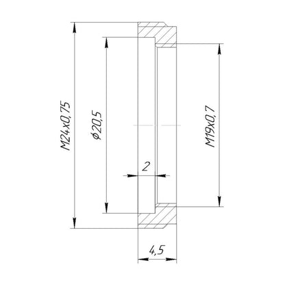 M24x0.75 male to M19x0.75 female thread adapter, flangeless, black