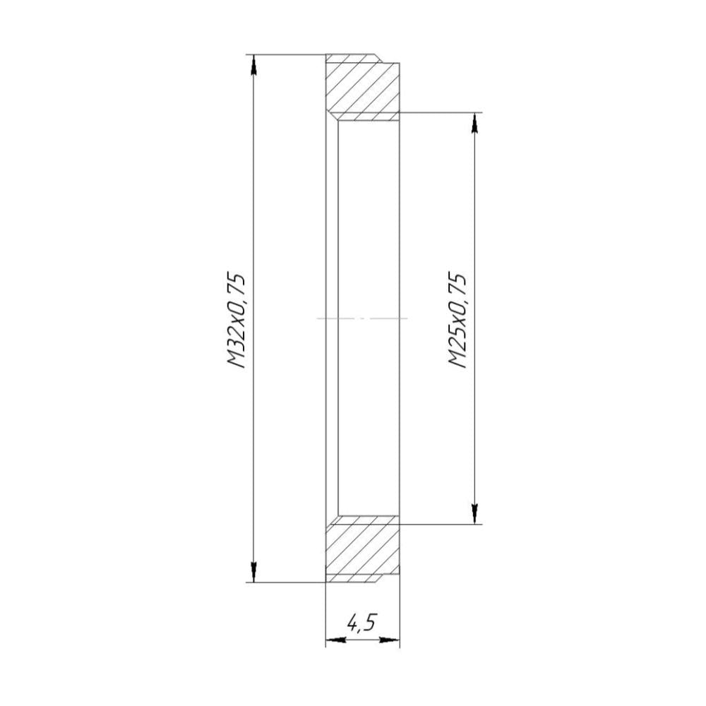 M32x0.75 male to M25x0.75 female thread adapter, flangeless, black