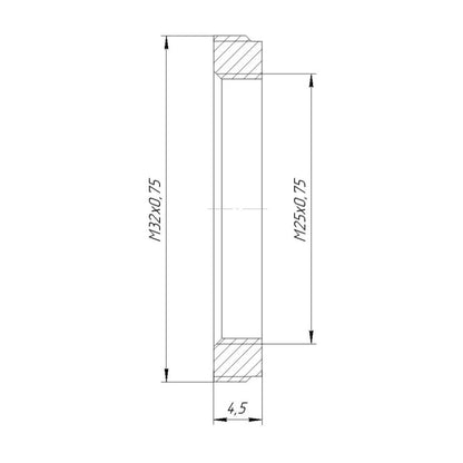 M32x0.75 male to M25x0.75 female thread adapter, flangeless, black