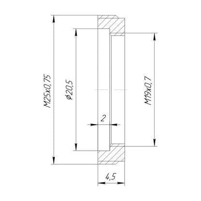M25x0.75 male to M19x0.75 female thread adapter, flangeless, bronze