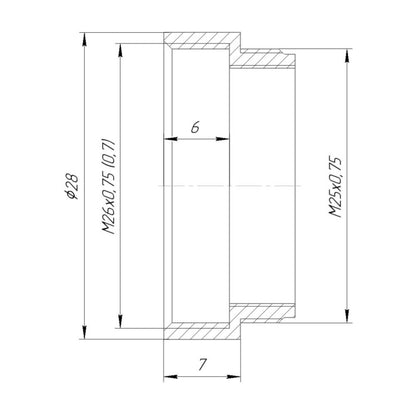 M25x0.75 male to M26x0.75 female thread adapter, black