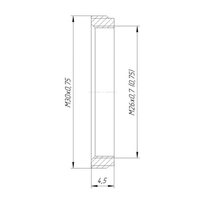 M30x0.75 male to M26x0.75 female thread adapter, flangeless, bronze
