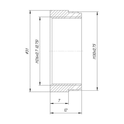M30x0.75 male to M26x0.7 (36tpi, Mitutoyo) female thread adapter, bronze