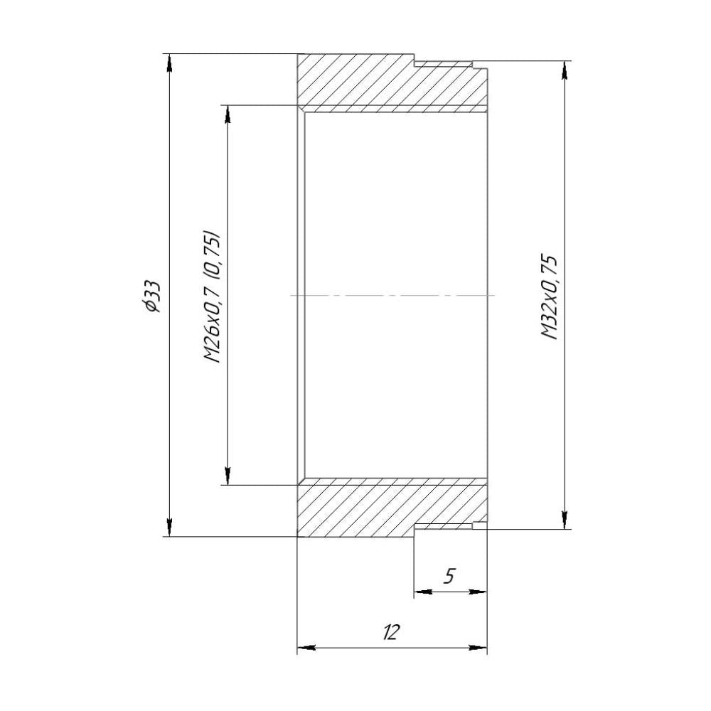 M32x0.75 male to M26x0.7 (36tpi, Mitutoyo) female thread adapter, black