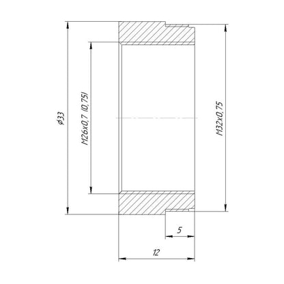 M32x0.75 male to M26x0.7 (36tpi, Mitutoyo) female thread adapter, black