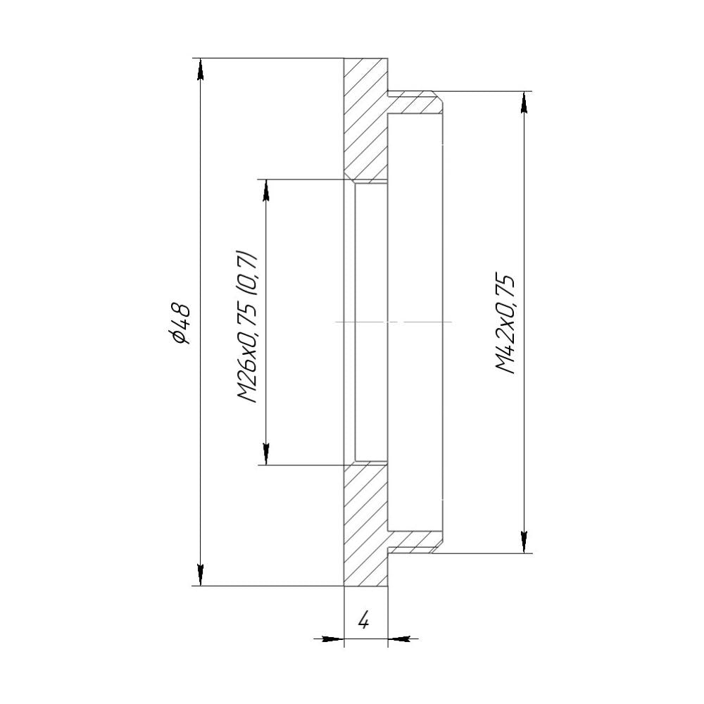 M26x0.75 (36 tpi) female to M42x0.75 (T2) male thread adapter