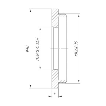 M26x0.75 (36 tpi) female to M42x0.75 (T2) male thread adapter