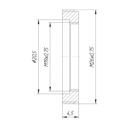 M26x0.75 male to M19x0.75 female thread adapter, flangeless, black