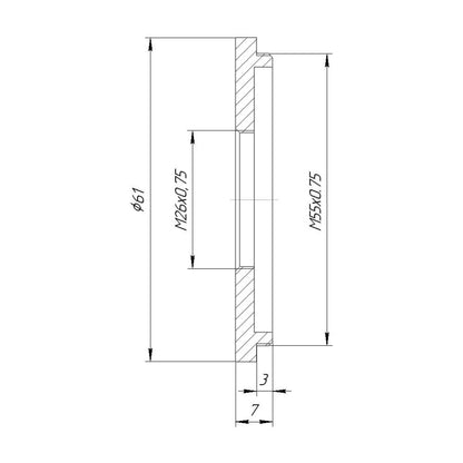 M55x0.75 male to M26x0.75 female thread adapter (55mm to 26mm step-down ring)