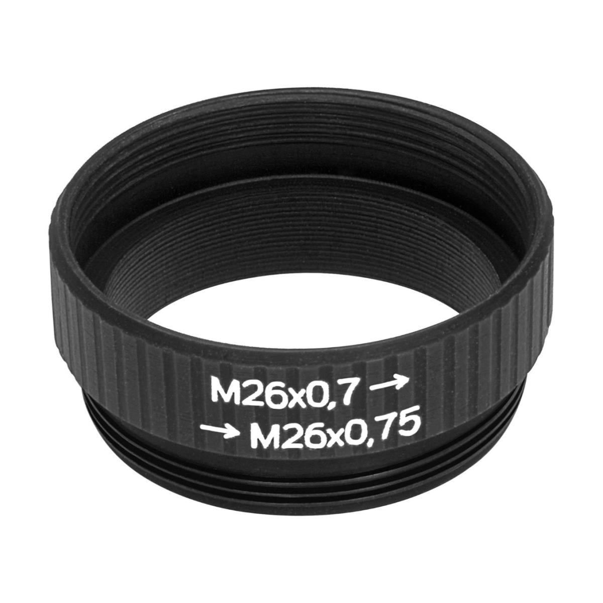 M26x0.75 male to M26x0.7 (36tpi, Mitutoyo) female thread adapter, black