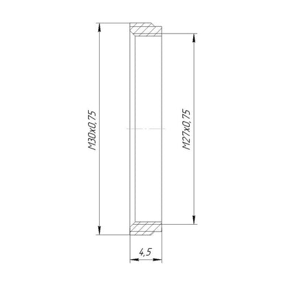 M30x0.75 male to M27x0.75 female thread adapter, flangeless, black