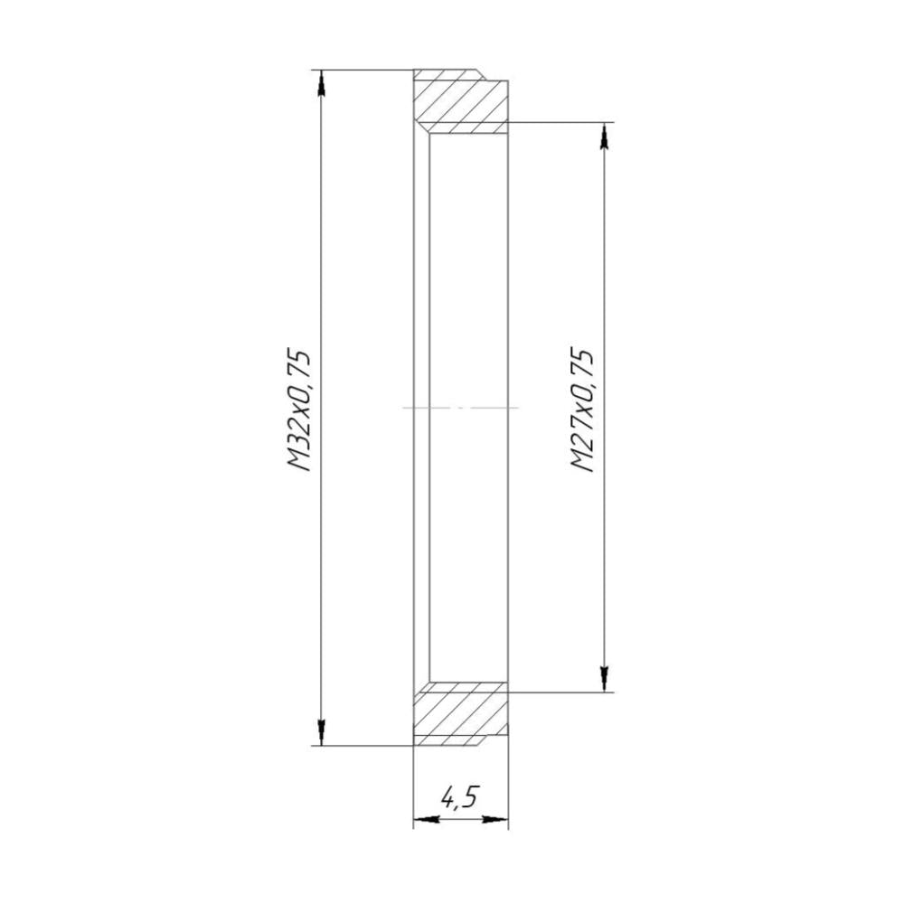 M32x0.75 male to M27x0.75 female thread adapter, flangeless, black