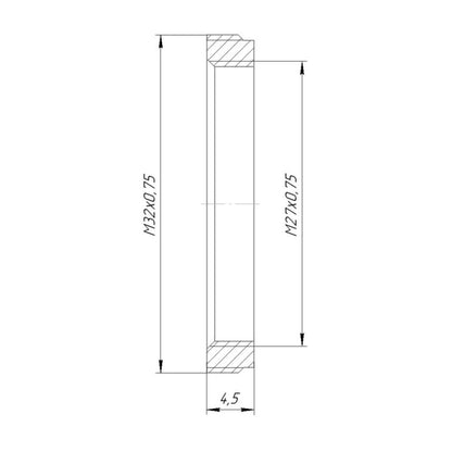 M32x0.75 male to M27x0.75 female thread adapter, flangeless, black