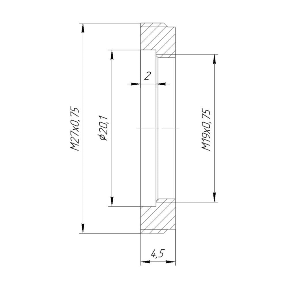 M27x0.75 male to M19x0.75 female thread adapter, flangeless, bronze