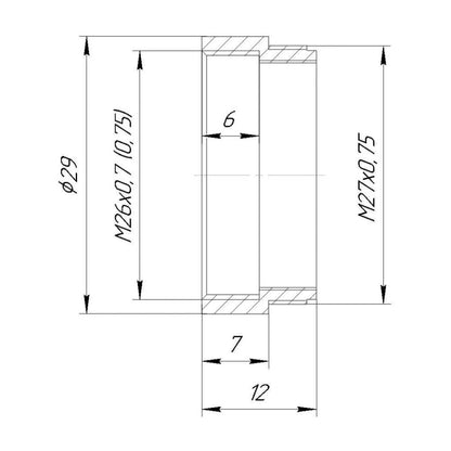M27x0.75 male to M26x0.7 (36tpi, Mitutoyo) female thread adapter, black
