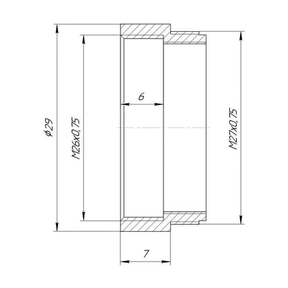 M27x0.75 male to M26x0.75 female thread adapter, black