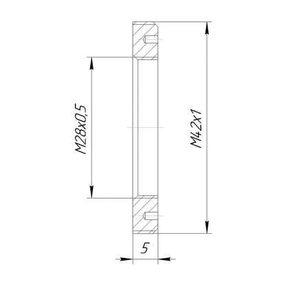 M28x0.5 female to M42x1 male thread adapter, flangeless