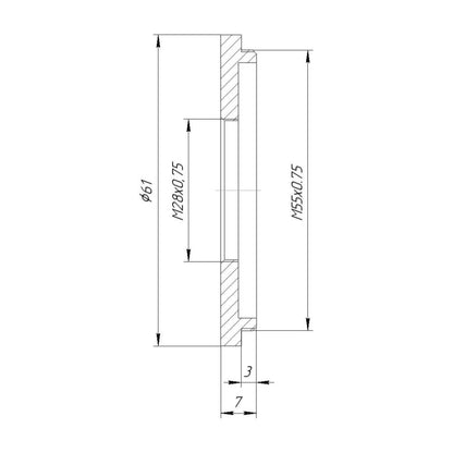 M55x0.75 male to M28x0.75 female thread adapter (55mm to 28mm step-down ring)