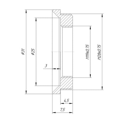M28x0.75 male to M19x0.75 female thread adapter, flangeless, bronze