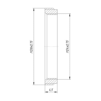 M28x0.75 male to M24x0.75 female thread adapter, flangeless, black
