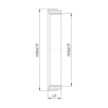 M28x0.75 male to M25x0.75 female thread adapter, flangeless, bronze