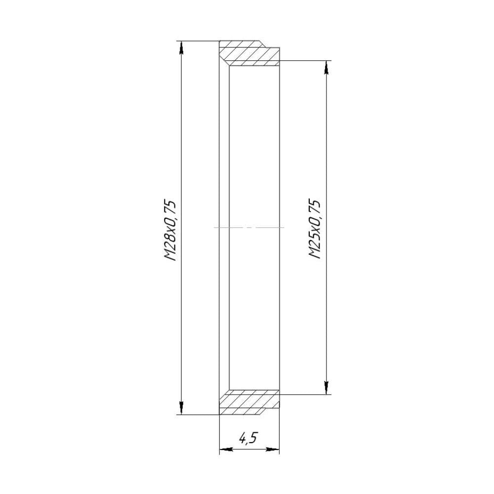 M28x0.75 male to M25x0.75 female thread adapter, flangeless, black