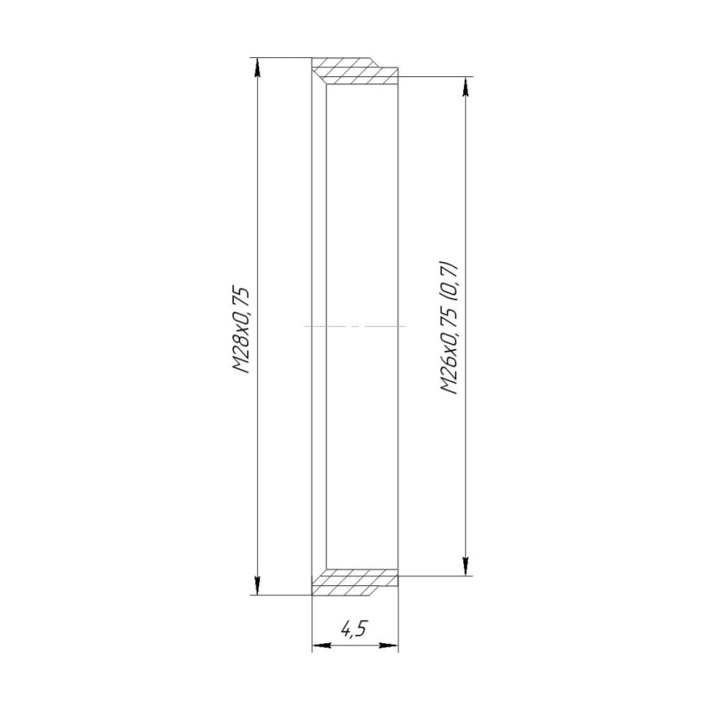 M28x0.75 male to M26x0.75 (0.7) female thread adapter, flangeless, bronze