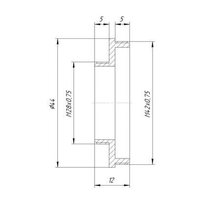 M28x0.75 male to M42x0.75 (T2) male thread adapter