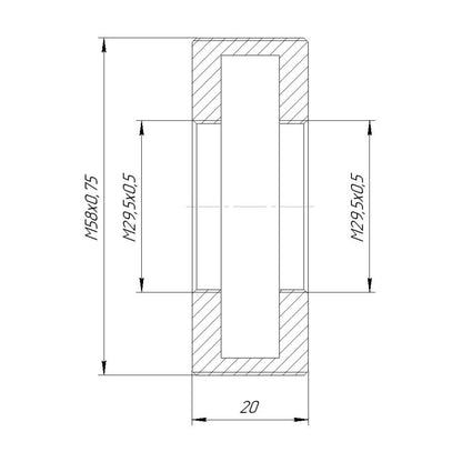 M29.5x0.5 female to M58x0.75 male thread adapter, 20mm long
