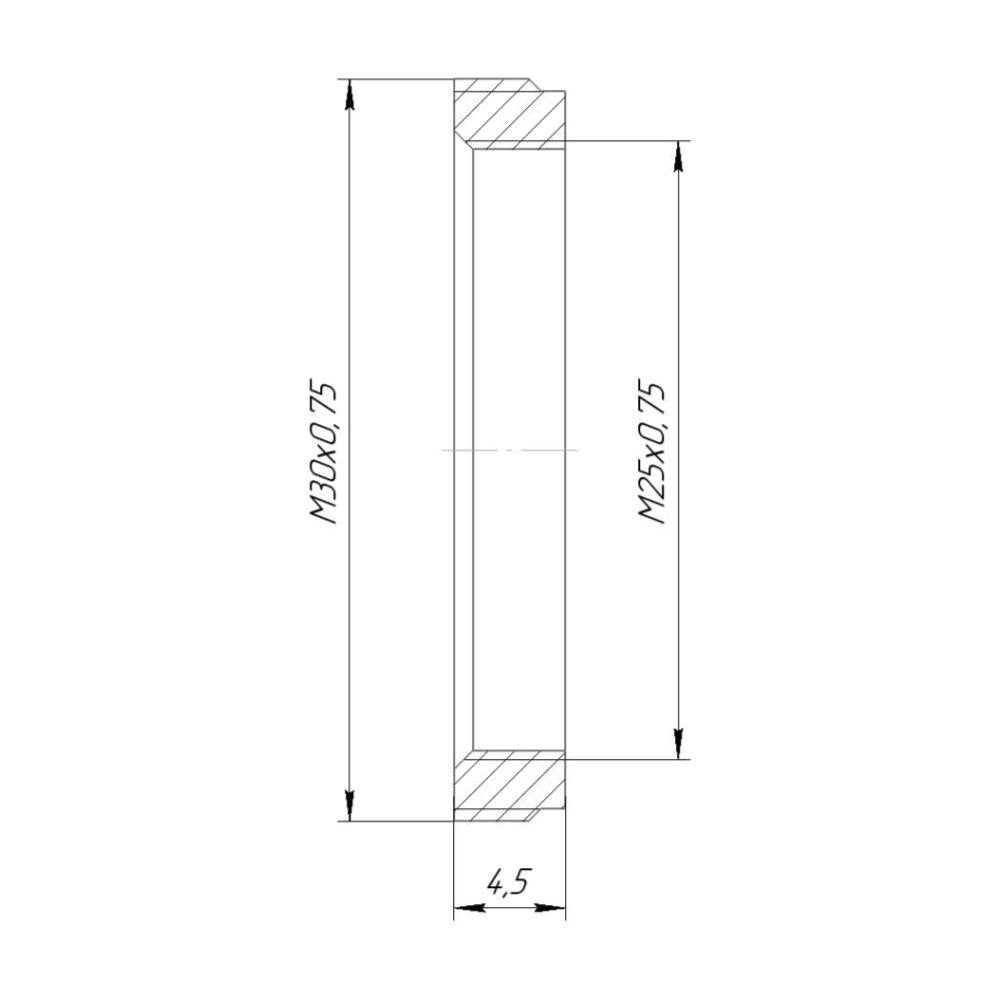 M30x0.75 male to M25x0.75 female thread adapter, flangeless, black
