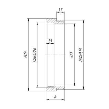 M30x0.75 male to M28.5x0.6 female thread adapter