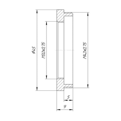M32x0.75 female to M42x0.75 (T2) male thread adapter