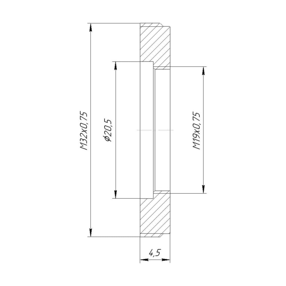 M32x0.75 male to M19x0.75 female thread adapter, flangeless, bronze
