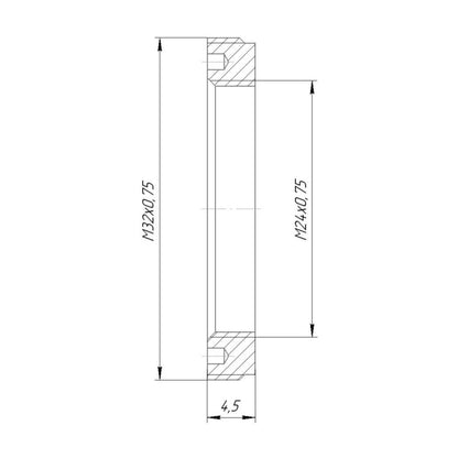 M32x0.75 male to M24x0.75 female thread adapter, flangeless, black
