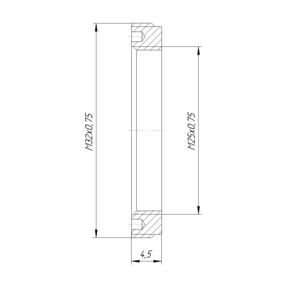 M32x0.75 male to M25x0.75 female thread adapter, flangeless, bronze
