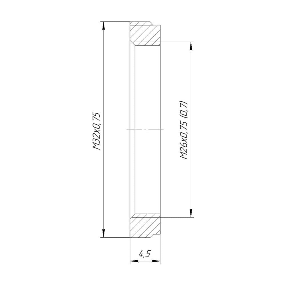 M32x0.75 male to M26x0.75 (36tpi) female thread adapter, flangeless, black