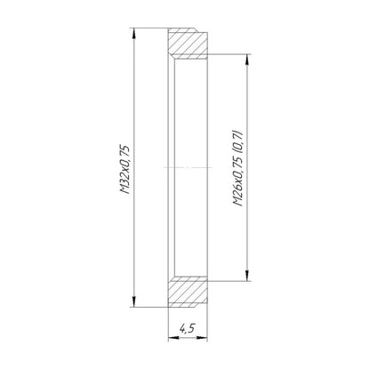 M32x0.75 male to M26x0.75 (36tpi) female thread adapter, flangeless, black