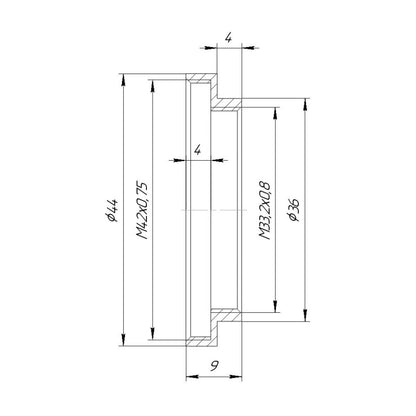 M33.2x0.8 female to M42x0.75 (T2) female thread adapter