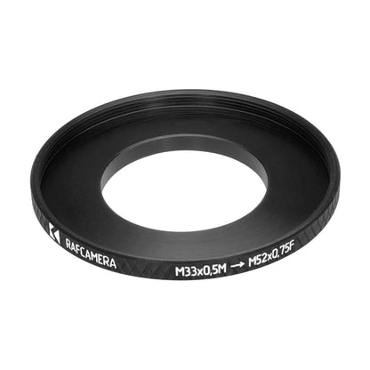 M33x0.5 male to M52x0.75 female thread adapter (33mm to 52mm step-up ring)