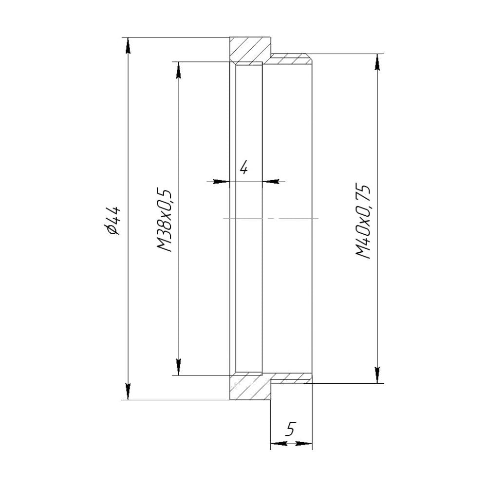 M38x0.5 female to M40x0.75 male thread adapter