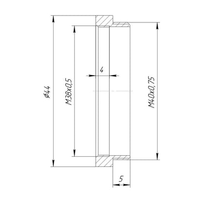M38x0.5 female to M40x0.75 male thread adapter