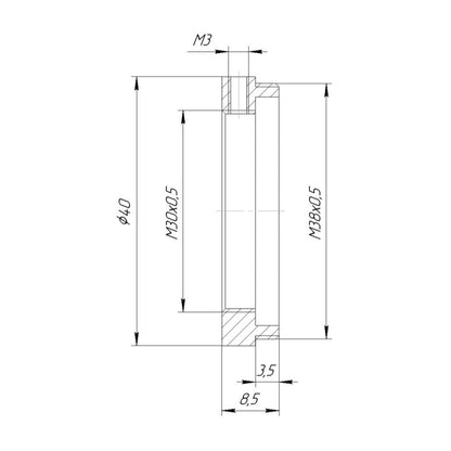 M38x0.5 male to M30x0.5 female thread adapter (38mm to 30mm step-down ring)