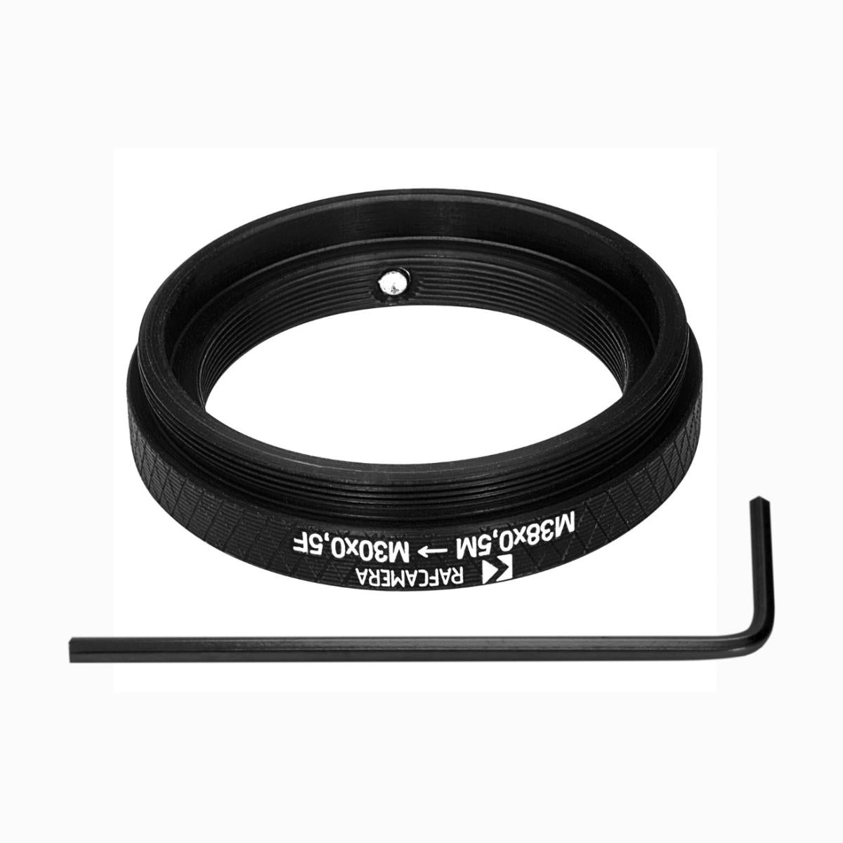 M38x0.5 male to M30x0.5 female thread adapter (38mm to 30mm step-down ring)