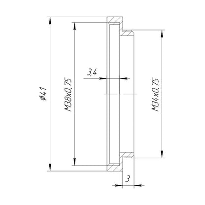 M34x0.75 male to M38x0.75 female thread adapter (34mm to 38mm step-up ring)