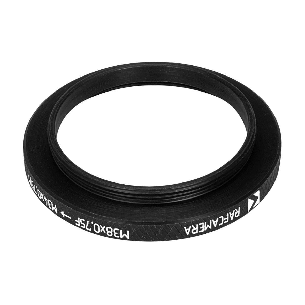 M34x0.75 male to M38x0.75 female thread adapter (34mm to 38mm step-up ring)